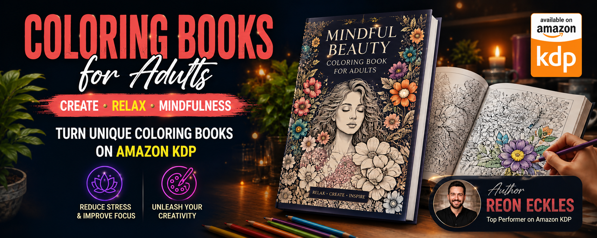 Reon Eckles adult coloring book collection with colored pencils, available on Amazon KDP