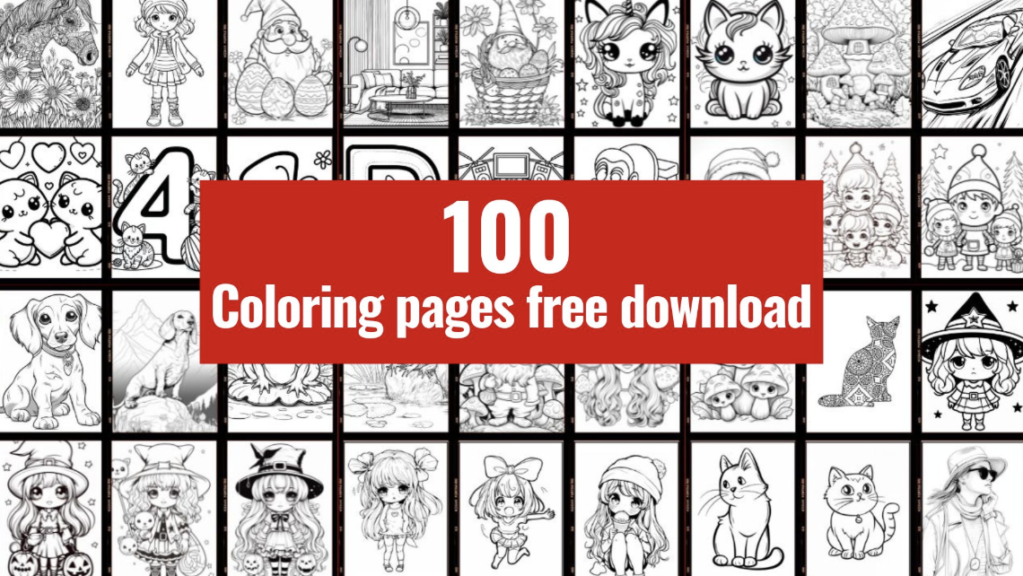 Preview grid of 100 free downloadable coloring pages